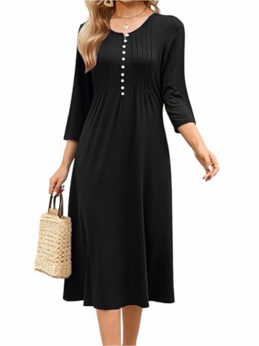 HEO CLOTHING Relaxed Fit 3/4 Sleeve Round Neck Maxi Dress buttons black sz small